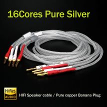 Pair Pure Solid Silver Speaker Cable with16Core Pure Copper B80 Banana Plug pure silver Loudspeaker Cable  Wire for CD Amplifier