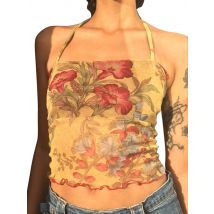 Y2k Mesh schiere Blumen T-Shirt Vintage Neck holder Tops Frauen ärmellose Slim Fit Crop Top Harajuku Streetwear