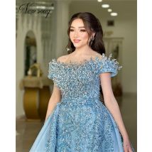 Blaue Perlen Abendkleider Saudi-Arabien Kristalle Perlen Hochzeit Party Kleid Lange Schleppe Geburtstag Cocktailkleid Roben Maßgeschneidert