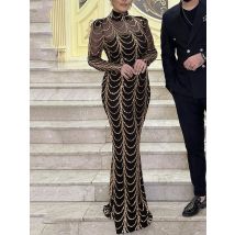 Langarm High O Neck Stretch Pailletten formelles Kleid gepolsterte Schulter in voller Länge Futter in voller Länge Abend Nacht Party kleid