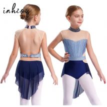 Costume da spettacolo di danza lirica per bambina, senza maniche, con strass, per balletto, ginnastica, body, competizione di pattinaggio di figura
