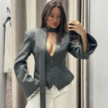 Tuularose Single Breasted Coat Women's V Neck Scarf With Long Sleeve Waist-Cinching Blazer Jacket Lady Casual Slim Commute Coat