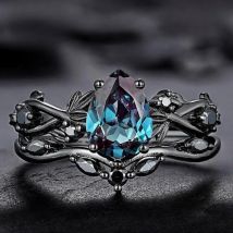 Charm Women Rings Black Color Waterdrop Flower Blue Stone Rings Set Party Accessories Gift