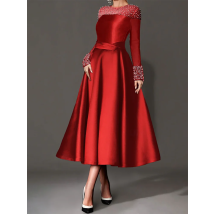 Customized Long Sleeves Evening Dresses Wine Red A-Line Floor-Length Satin Women Formal Gowns Cuff With Rhinestones