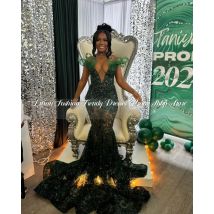 Smaragdgrüne lange Meerjungfrau-Abendkleider für schwarze Mädchen, glitzernde Applikation, glitzerndes Empfangs-Geburtstagskleid, transparentes Netz, individuell gestaltet