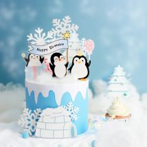 Happy Birthday Cake Topper Penguin Hat Snowflake Anniversary Cupcake Toppers Baking DIY Party Flag Baby Shower Cake Decor