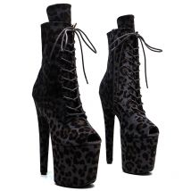 Leecabe, 20CM/8 pulgadas, estampado de leopardo, parte superior pequeña, punta abierta, zapatos de moda, plataforma de tacón alto, tacón de stripper, botas de baile en barra