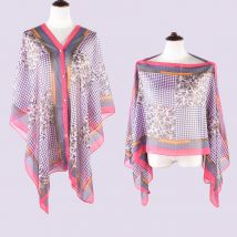 Sommer-Damen-Sonnenschutzkleidung mit dünner Schulterpartie und Tausend-Vogel-Gitter-bedrucktem Chiffon-Schal, Strandtourismus, Perlenknopf, Strand, S