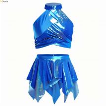Costume da ballo per balletto latino jazz con paillettes per adolescenti Collo a lupetto Top corto metallizzato lucido Gonna asimmetrica Costume da jazz Costumi di piume