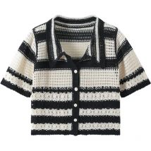 Striped Crochet Vest Top Collared Button-up Short Sleeve Sheer Crop Knit Top Cardigan Women Teengirl Fairycore Vintage Outfit