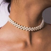 Boho süße Imitation Perle runde hand gewebte Kragen Halskette für Frauen einfache romantische Hochzeit Braut Modeschmuck Geschenk