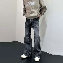 Männer Flare Hosen Denim Hose Bodenlangen Jeans Casual Regelmäßige Taschen Knopf Reißverschluss Hohe Taille Herbst Splice Gerade Hosen