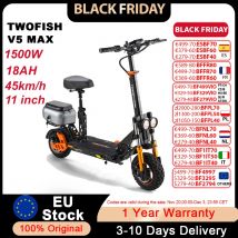 TWOFISH V5 MAX Scooter elettrico pieghevole Picco 1500W Motore potente, 45 km/h, 11" Fat Tire E Scooter per adulti con scatola di immagazzinaggio e sedile
