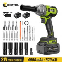 CONENTOOL 520Nm Avvitatore a percussione a batteria 1/2" Utensile elettrico senza spazzole 21V con 2 batterie 4000mAh Pistola a percussione elettrica per auto domestica