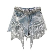 Summer Elegant Shorts Lady Tassel Beading High Waist Wide Leg Denim Shorts Female Casual Solid Shorts Jeans for Women Clothing