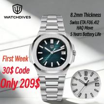 Watchdives WD0013B Swiss ETA F06.412 HAQ Quartz Watch 41mm Sapphire 8.2mm Ultra Slim BGW9 Lume Stainless Steel Men Luxury