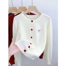 Women O-Neck Single Breasted Heart Button Sweater 2026 Bow Embroidery Knitted Cardigan Korean Casual Solid Tops Woman Clothes 45
