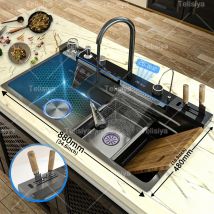 Fregadero de cocina de acero inoxidable con cascada, un solo cuenco, pantalla Digital, ranura Extra grande, lavabos multifuncionales