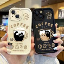 Cute Popular Coffee Cat Cartoon Phone Case For iPhone 16 Pro Max Case 15 14 13 12 11 Pro XR X XS Max 8 7 Non-Slip Silicone Cover