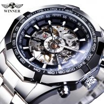 WINNER Orologio scheletrato classico da uomo Lancette luminose Orologi meccanici Cinturino in acciaio inossidabile Orologio da polso Forsining di marca di lusso