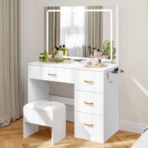 YITAHOME Tavolo da toeletta bianco con stazione di ricarica a specchio LED 4 cassetti Prese di corrente per illuminazione Design a prova di punta