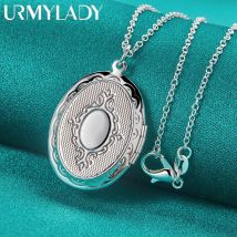 URMYLADY 925 Sterling Silver Round Photo Frame Pendant Necklace 16-30 Inch Snake Chain For Women Wedding Engagement Gift Jewelry
