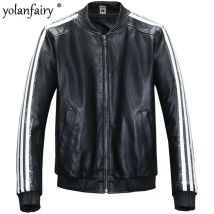 Rindsleder Top Coat Herren Leder Jacke schlanke kurze Baseball jacke Männer große Freizeit mäntel für Männer weiße Streifen Kleidung