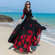 2026 Summer New Korean V-Neck Printed Chiffon Dress Women Waist Temperament Large Swing Thin Slim Beach Long Dresses Femme