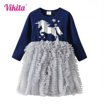 Vikita Kinder Langarm Kleider Mädchen Einhorn Cartoon Prinzessin Kleid Mädchen geschichteten Tüll Tutu Mesh Geburtstags feier Vestidos