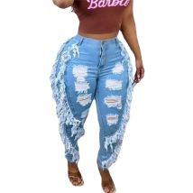 Frauen Side Splice Quaste Mode Bleistift Jeans Stretch Slim Fit Hohe Taille Denim Hosen Weibliche Trend Casual Gebrochene Löcher Hosen