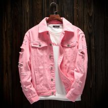 Frühling Herbst Herren-Jeansjacken Baumwolle Retro Zerrissene Loch-Jeansjacken Streetwear Hip-Hop Rosa Jeansjacke Kleidung