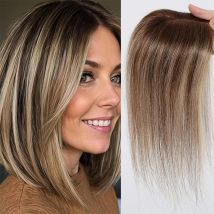 Dunkelbraun-Blond-Highlight-Remy-Echthaar-Topper mit Spitzenbasis, 3 Clips in Haarteilen für Frauen, 30,5 cm, 100 % Remy-Echthaarteil