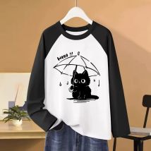 Women's Casual Long Sleeve T Shirt with With Cute Cartoon Cat Print All Seasons Tshirt Graphic T-Shirt Women's Vintage Tees Tops