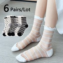 6 Paar französische Spitze Socken Frauen sexy gekräuselte Liebe Herz Muster transparent transparent Mesh süße Glasfaser Kristall Seide Strumpf