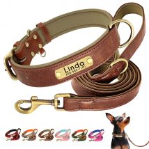 Collar de cuero personalizado para perro, conjunto de correa, Collar de cuero acolchado suave para perros pequeños, medianos y grandes con placa de identificación grabada gratis