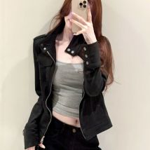 Y2k American Vintage Long Sleeve Jacket Stand Neck Women Casual Streetwear Coat Pure Color Zipper Slim Patchwork 2025 Autumn