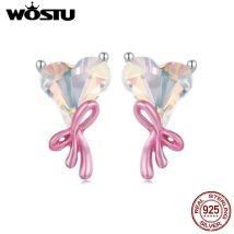 WOSTU Ohrstecker aus 925er-Sterlingsilber, Prinzessin, rosa Schleife, Herz-Ohrstecker für Damen, schöne Kristallperle, Ohrstecker für Mädchen, Geburtstag, Schmuck, Geschenk