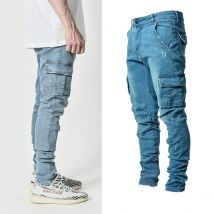 Jeans da uomo Pantaloni lavati tinta unita multitasche Denim Jeans cargo a vita media Pantaloni casual Fahsion taglie forti Abbigliamento quotidiano maschile