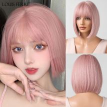 LOUIS FERRE-peluca sintética Rosa recta para mujer, pelo corto Bob con flequillo, pelo Natural, Lolita, Cosplay, resistente al calor, moda