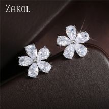 ZAKOL Orecchini a bottone con fiore in zircone trasparente carino per le donne Gioielli da sposa alla moda in cristallo scintillante da sposa