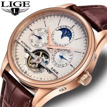 LIGE Männer Uhren Automatische Mechanische Uhr Tourbillon Uhr Echtes Leder Wasserdichte Uhr Männer Military Armbanduhr Mann