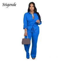 Zweiteiliges Hosen-Set für Damen, langärmelig, mit Knöpfen, Hemden, Kordelzug, gerade Jogginghose