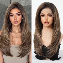 HAIRCUBE Gemischte braune gerade Perücken, dunkle Wurzeln, natürlicher Haaransatz, 13 x 6 transparente Spitze-Front-Synthetik-Perücke für Frauen, tägliches Cosplay