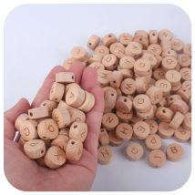 ABCPICK 50 Stück englische Bio-Perlen aus Holz, Buchenholz, flach, rund, Alphabet-Buchstabenperlen, Außendurchmesser 15 mm