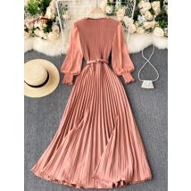 New 2021 Women Elegant Maxi Dress Spring Summer Patchwork Puff Long Sleeve Pleated Muslim Long Dresses Ladies Party Dress