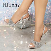 Hlieny Größe 35-42 Sommer Mode Pailletten Tuch Sandalen Frauen Zurück Strap Dünne High Heels Karree Party Damen Schuhe silber