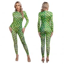 Frauen Langarm Glänzende Fischschuppen Druck Meerjungfrau Overall Badeanzug Bademode Halloween Thema Party Karneval Cosplay Kostüm
