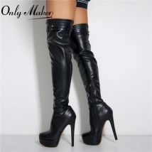 Onlymaker-Botas por encima de la rodilla con plataforma para mujer, zapatos sexys de tacón alto con hebilla, color negro mate, Invierno