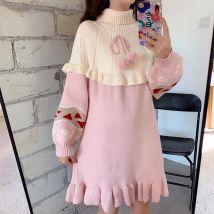 Herbst Winter Süße Lolita Pullover Frauen Rollkragenpullover Nette Rosa Rüschen Gestrickte Kleider Girly Frühling Harajuku Pullover Oberbekleidung