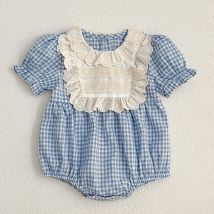 Neue Sommer Baby Mädchen Strampler Neugeborenen Spitze Kleidung Vintage Blau Gitter Infant Stickerei Overall Kleinkind Mädchen Einteilige Kleidung